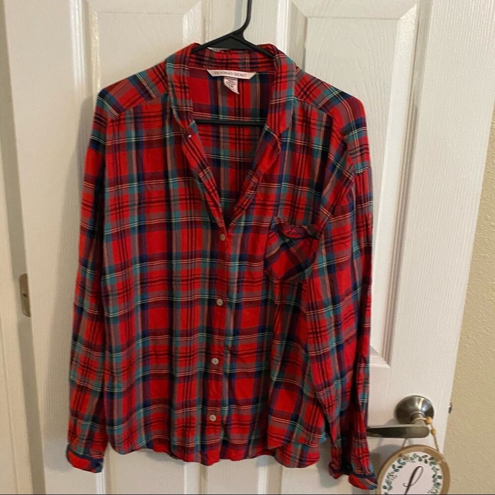 Victoria’s Secret Red Plaid Button Down Sleep Shirt Women's Size Large "Dream"